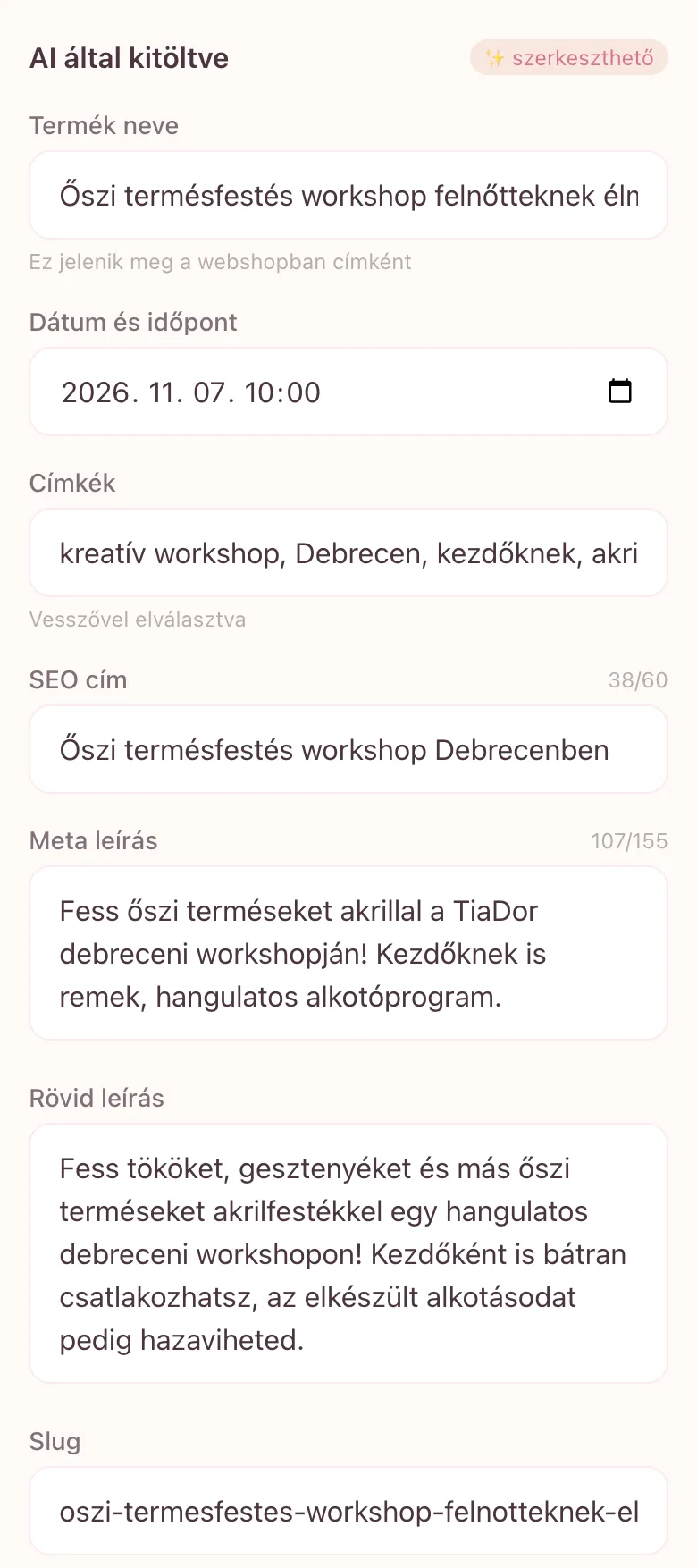 Detail of the TiaDor app in Hungarian, showing editable event name, date, tags and SEO title.